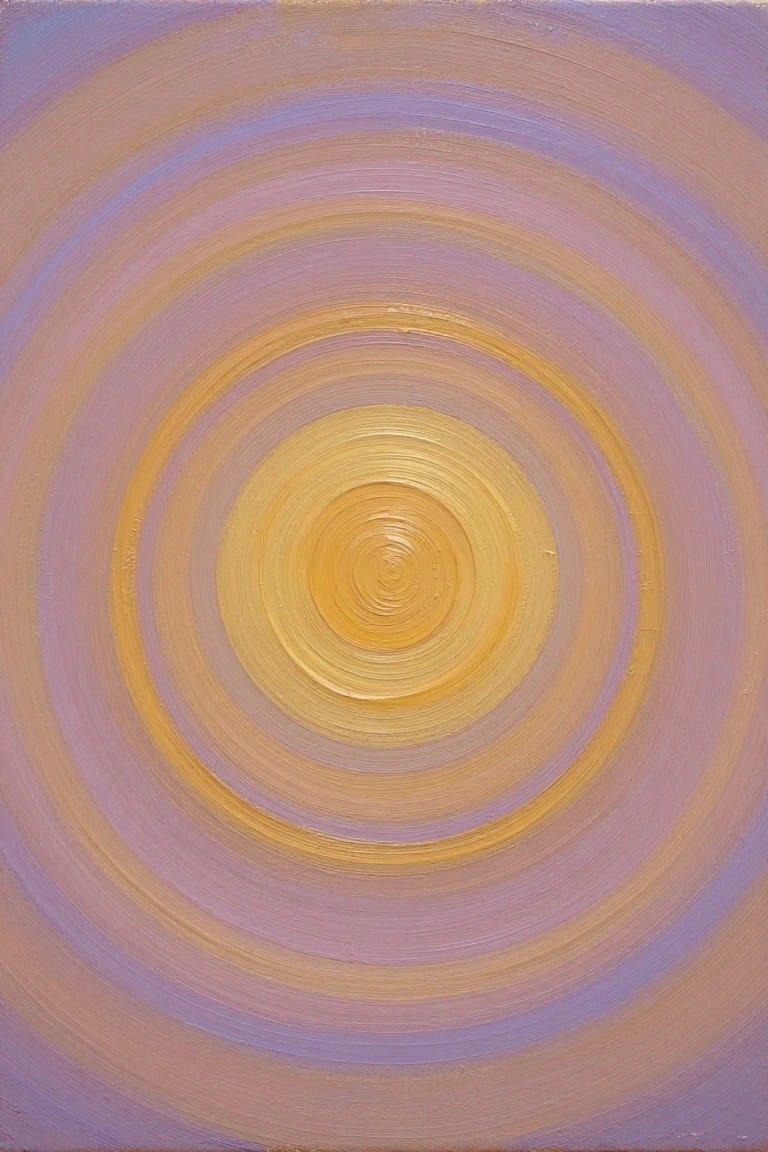 Abstract painting of concentric circles blending yellow, orange, pink, and purple hues.