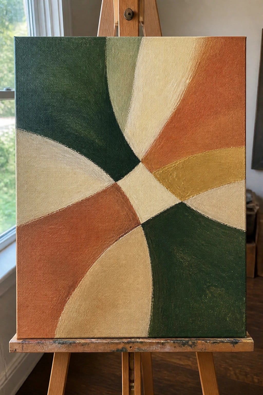 Abstract geometric painting with green orange beige radiating shapes on wooden easel