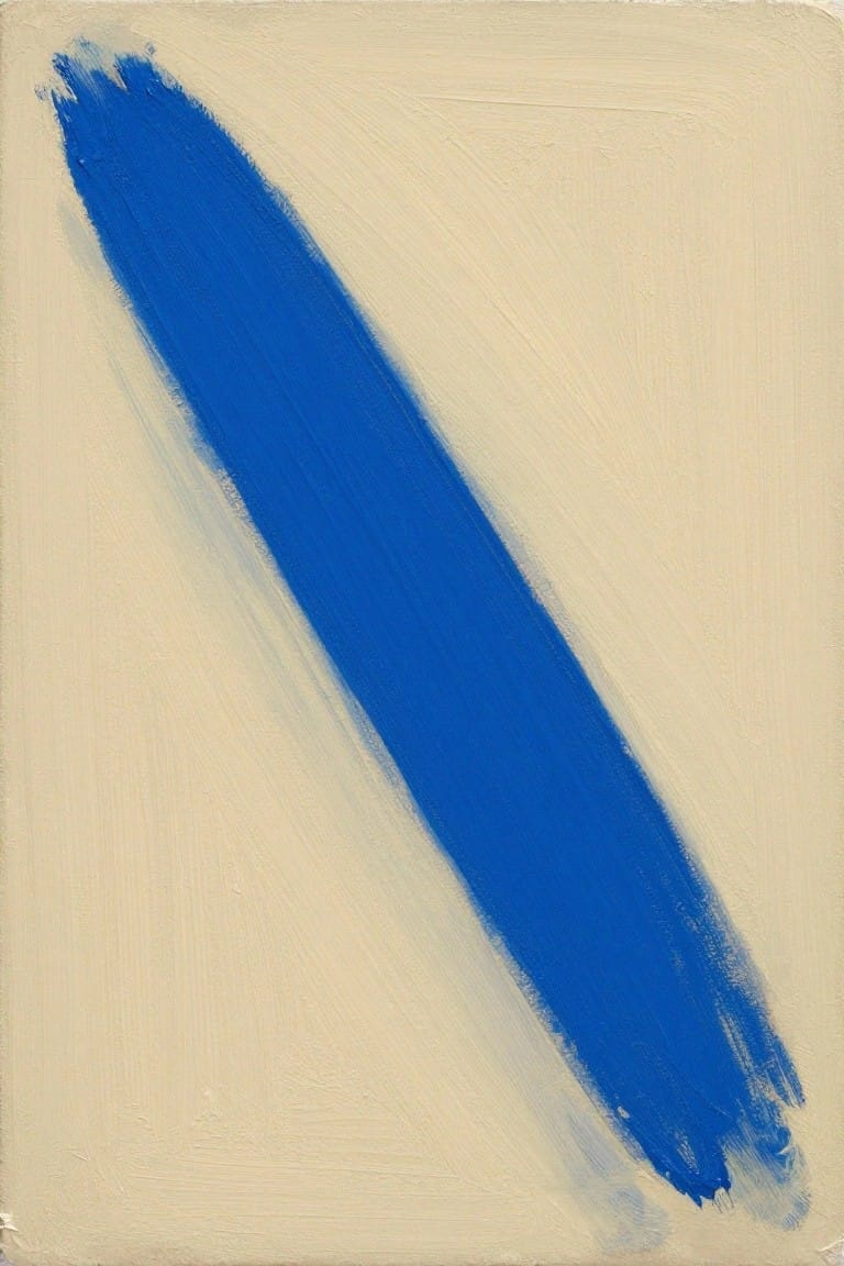 Thick blue diagonal brushstroke on textured off-white abstract painting background