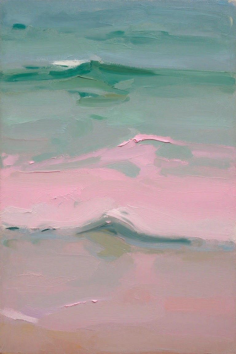 Abstract seascape painting with soft pink, teal, and green brushstrokes.