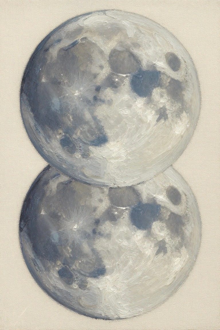 Two textured moons stacked vertically in blue-gray oil paint with visible brushstrokes