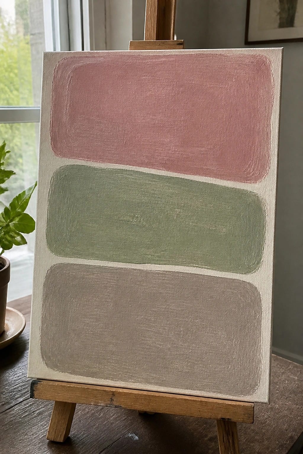 Minimalist abstract painting with pink, green, and taupe bands on wooden easel