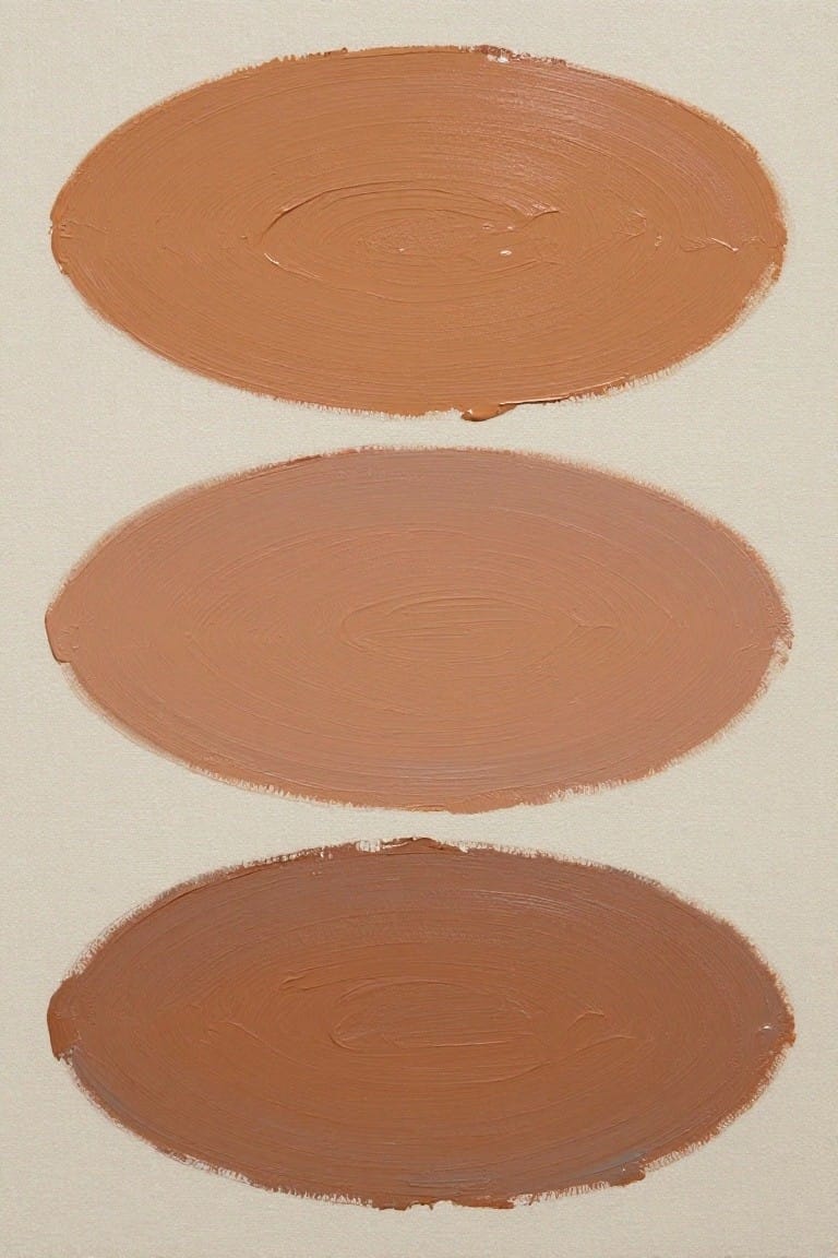 Three oval paint swatches in varying brown tones with visible brushstrokes on cream background.