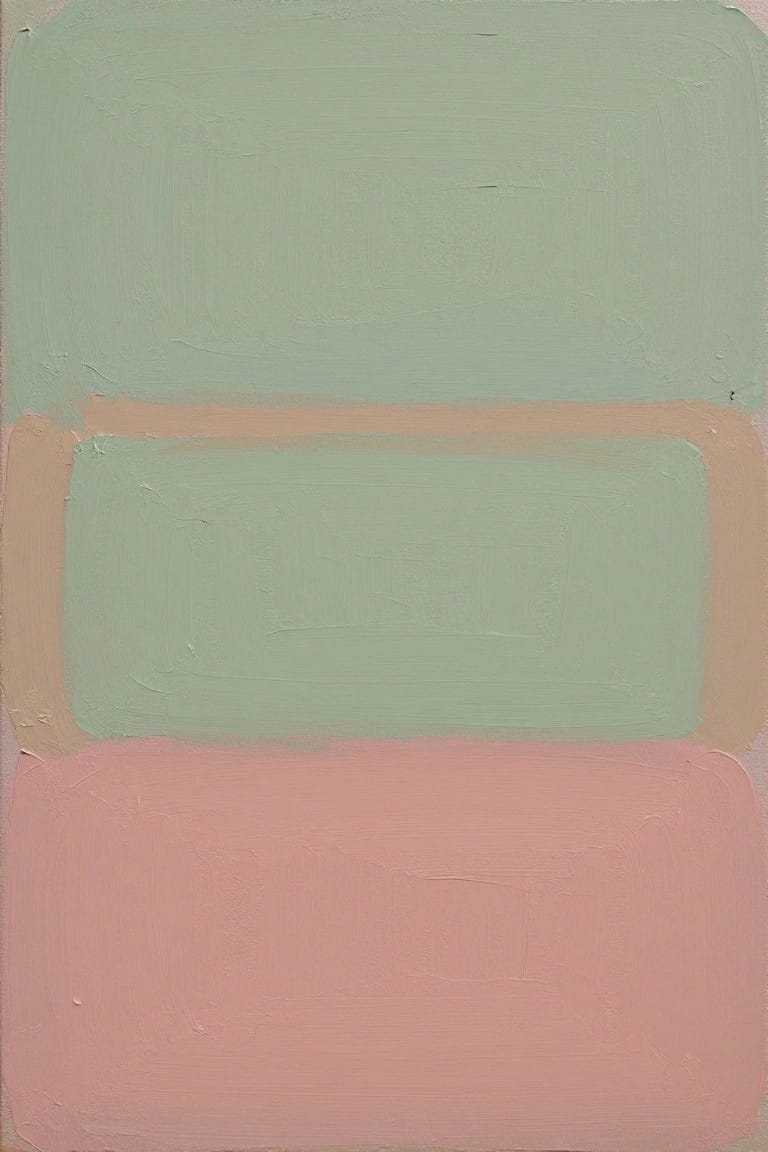 Abstract painting with horizontal bands of muted green, peach, and pink.