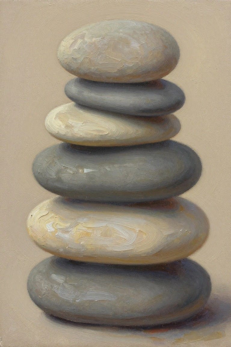 Balanced stack of smooth oval stones in beige and gray tones with brushstrokes