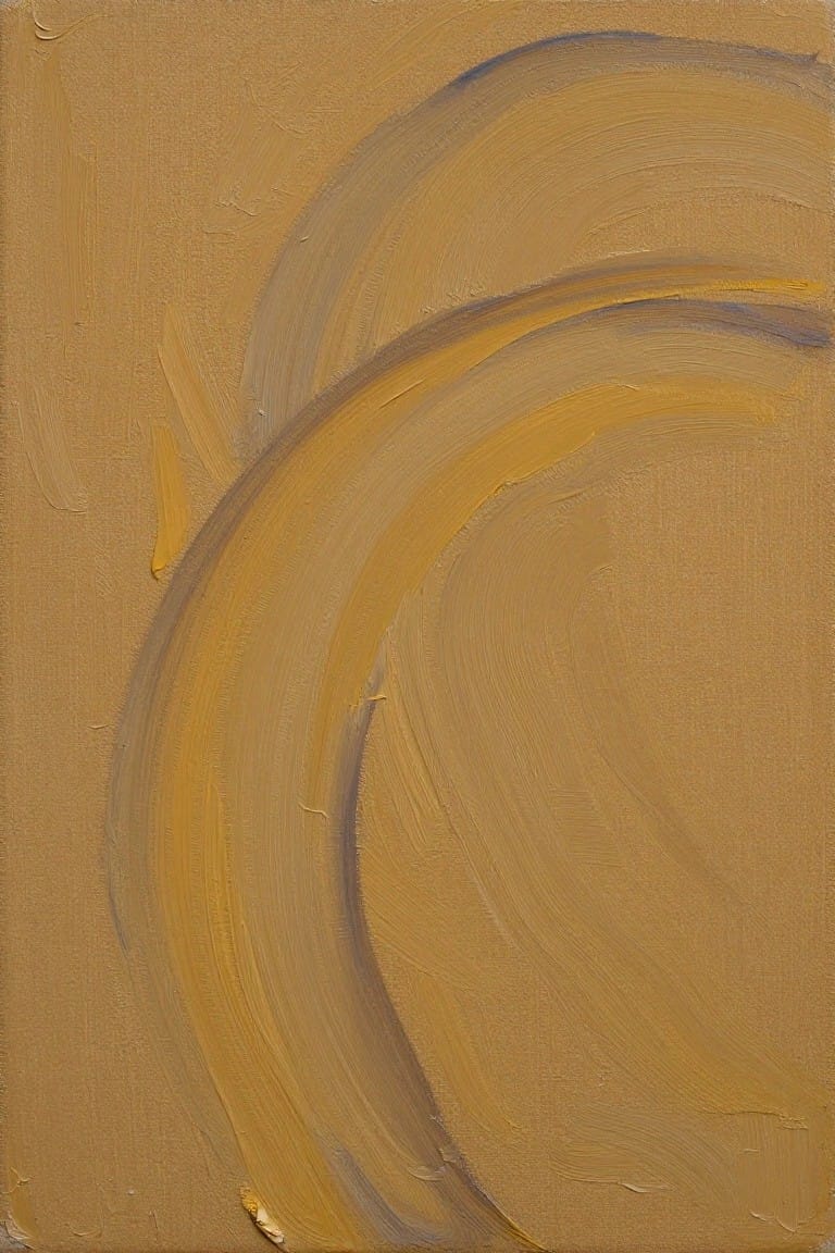 Abstract painting with bold yellow and brown curved brushstrokes on textured canvas.