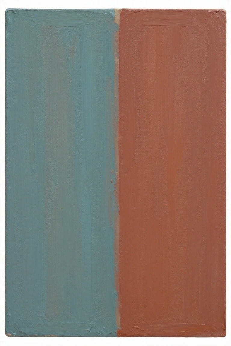 Abstract rectangular painting split vertically into textured teal and terracotta halves