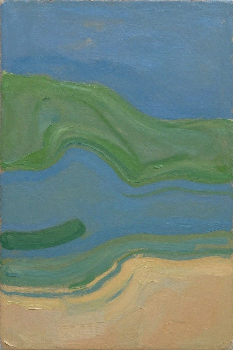 Abstract landscape with blue sky above rolling green hills and sandy base.
