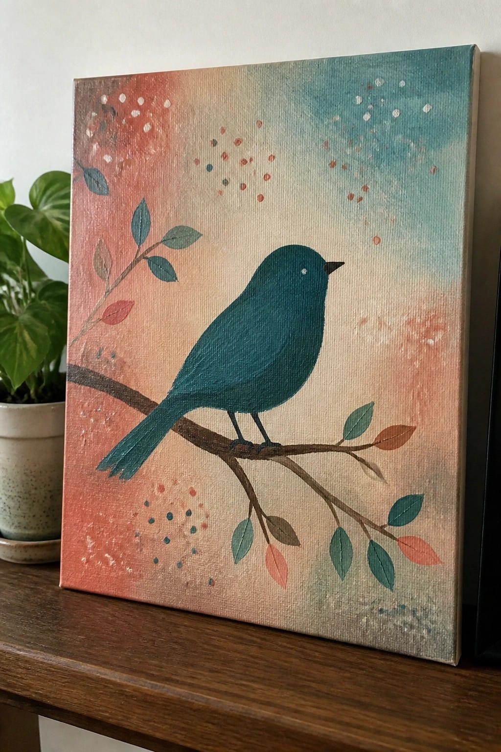 Canvas painting of teal bird on leafy branch with colorful dotted background