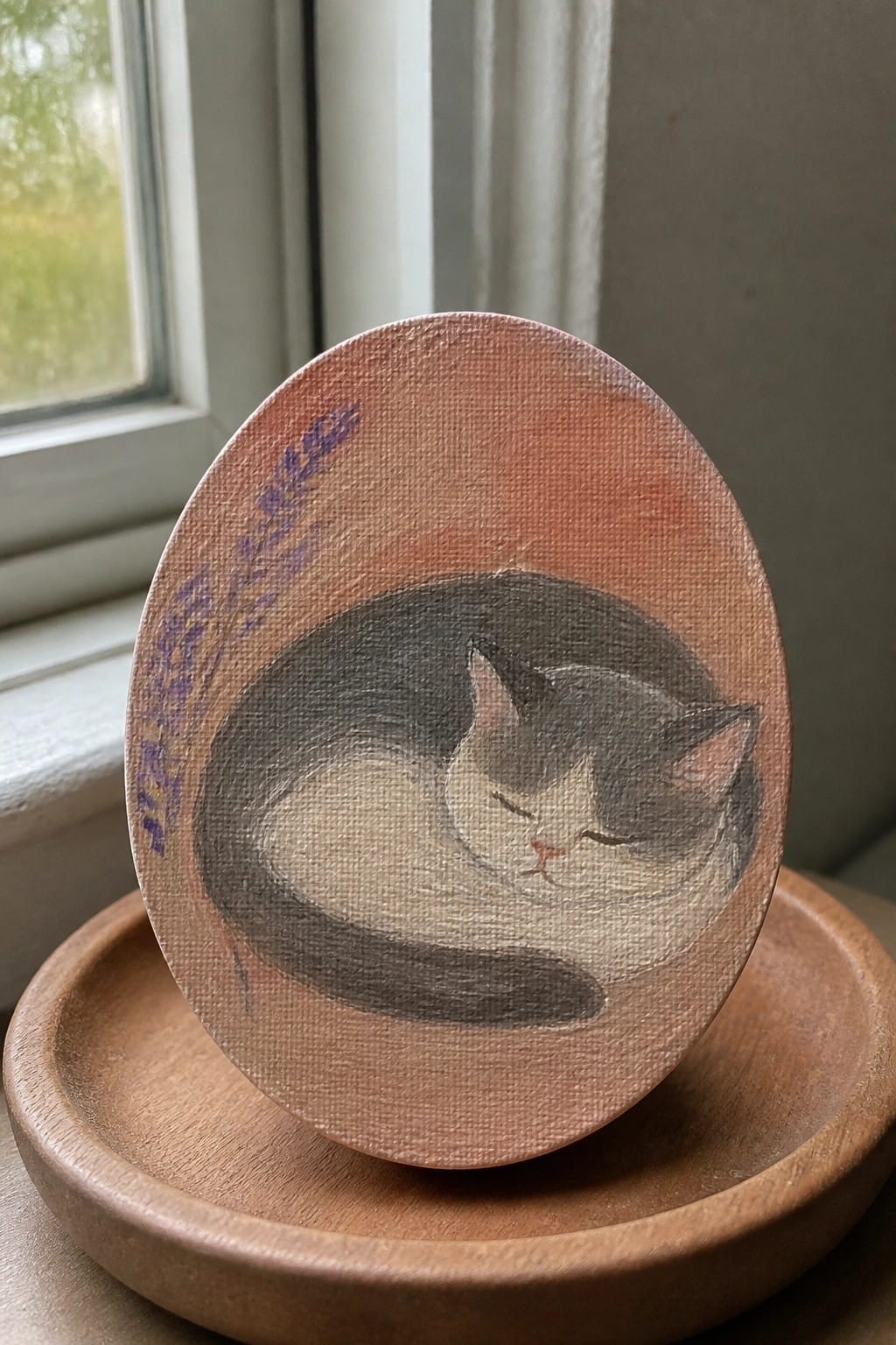 Oval painted plaque of sleeping gray-white cat on wooden tray by window