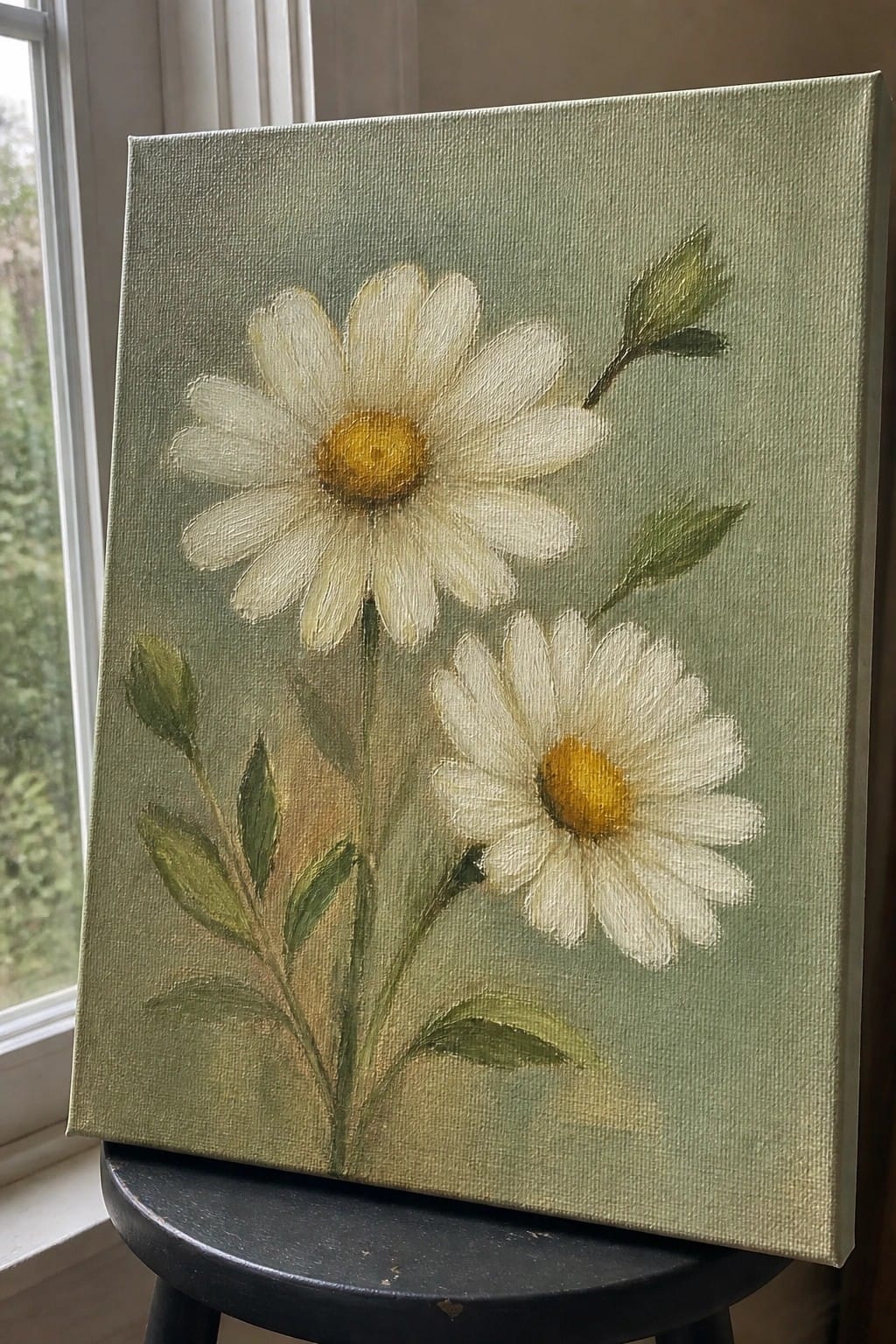 Two white daisies with yellow centers on green canvas atop black stool by window