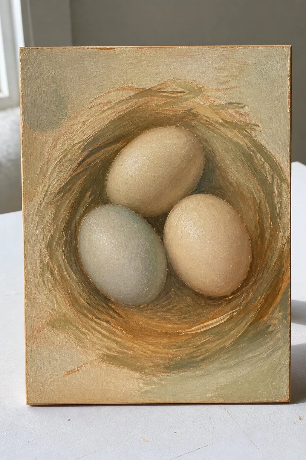 Three eggs in a nest: two beige, one pale green, on textured canvas.