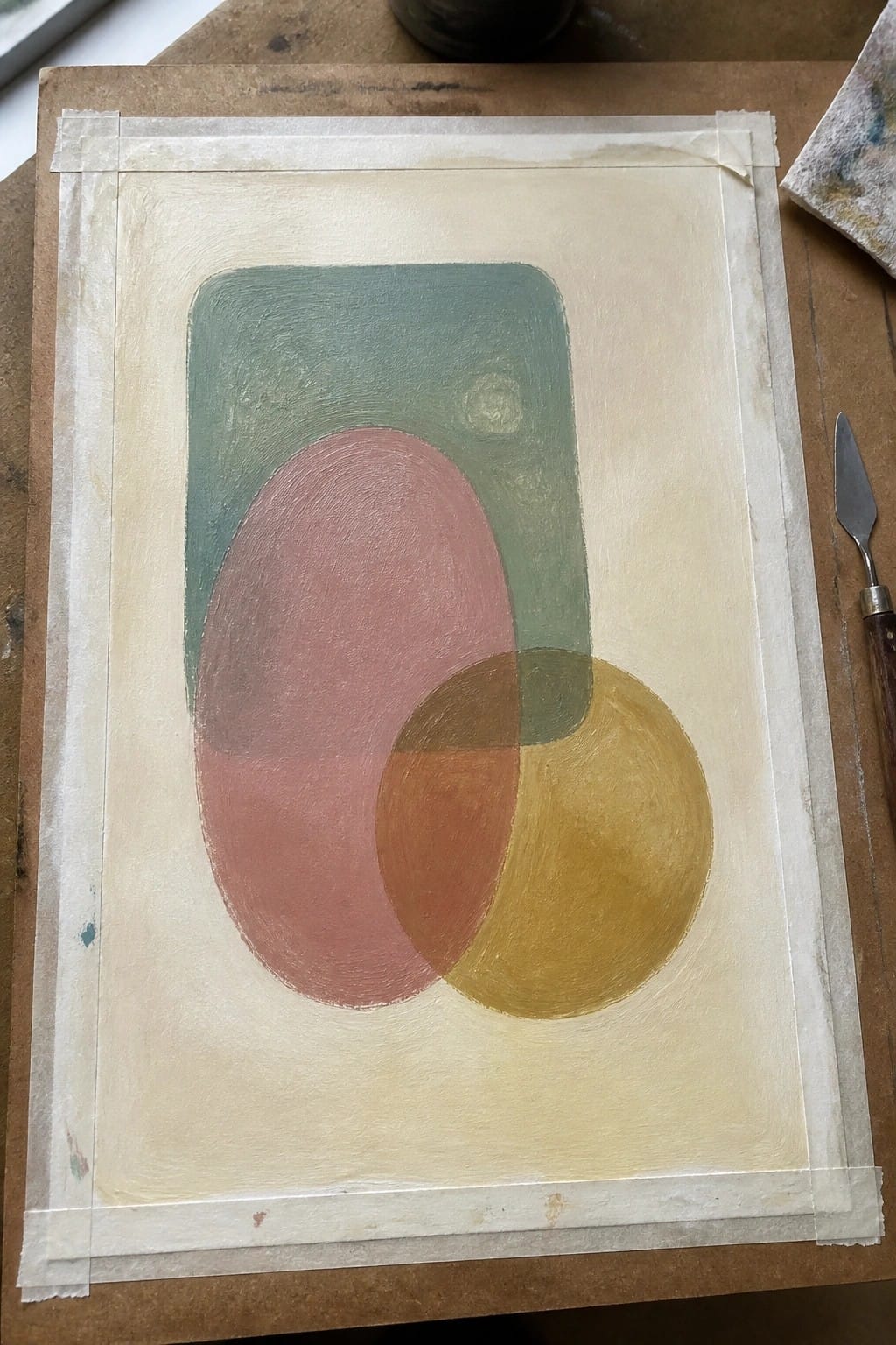 Abstract painting with overlapping green rectangle, pink oval, and yellow circle on beige canvas