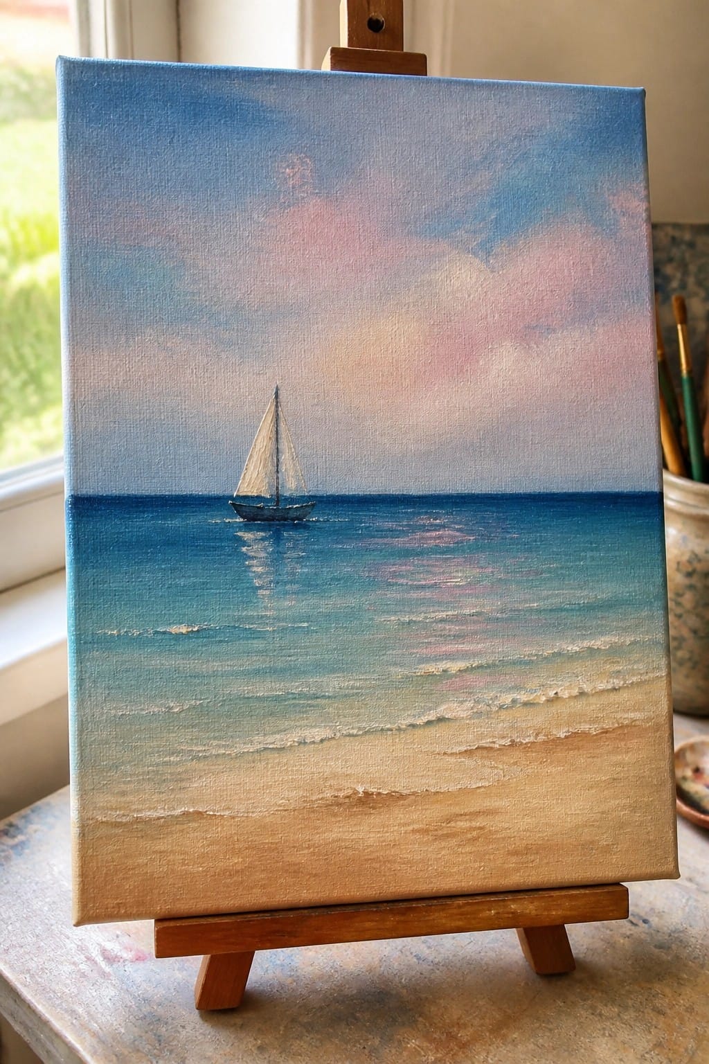 Seascape painting of sailboat on calm blue ocean with sandy beach on easel
