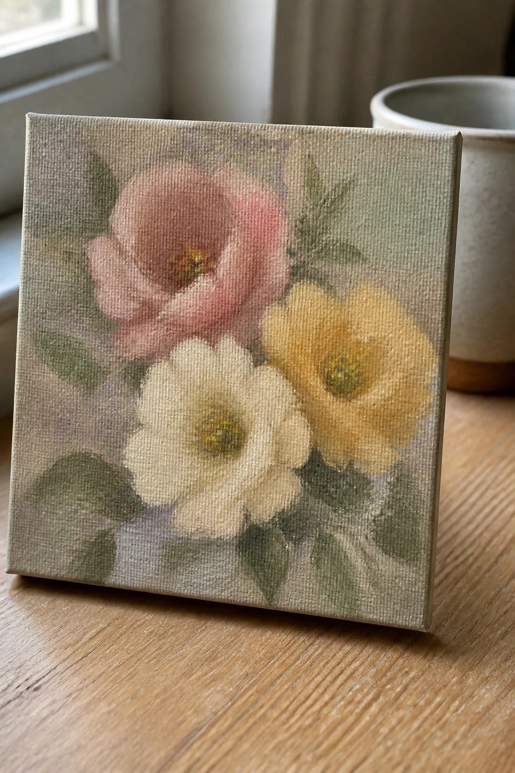 Small canvas with soft pink, white, and yellow flowers on wooden table