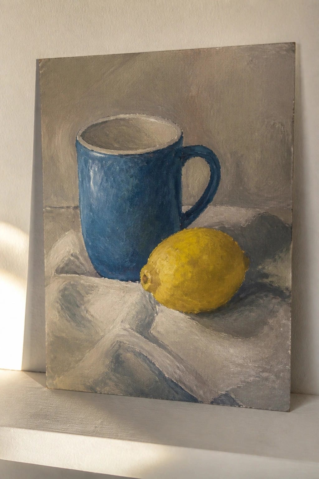 An oil painting of a blue mug and a yellow lemon resting on a white cloth against a gray background.