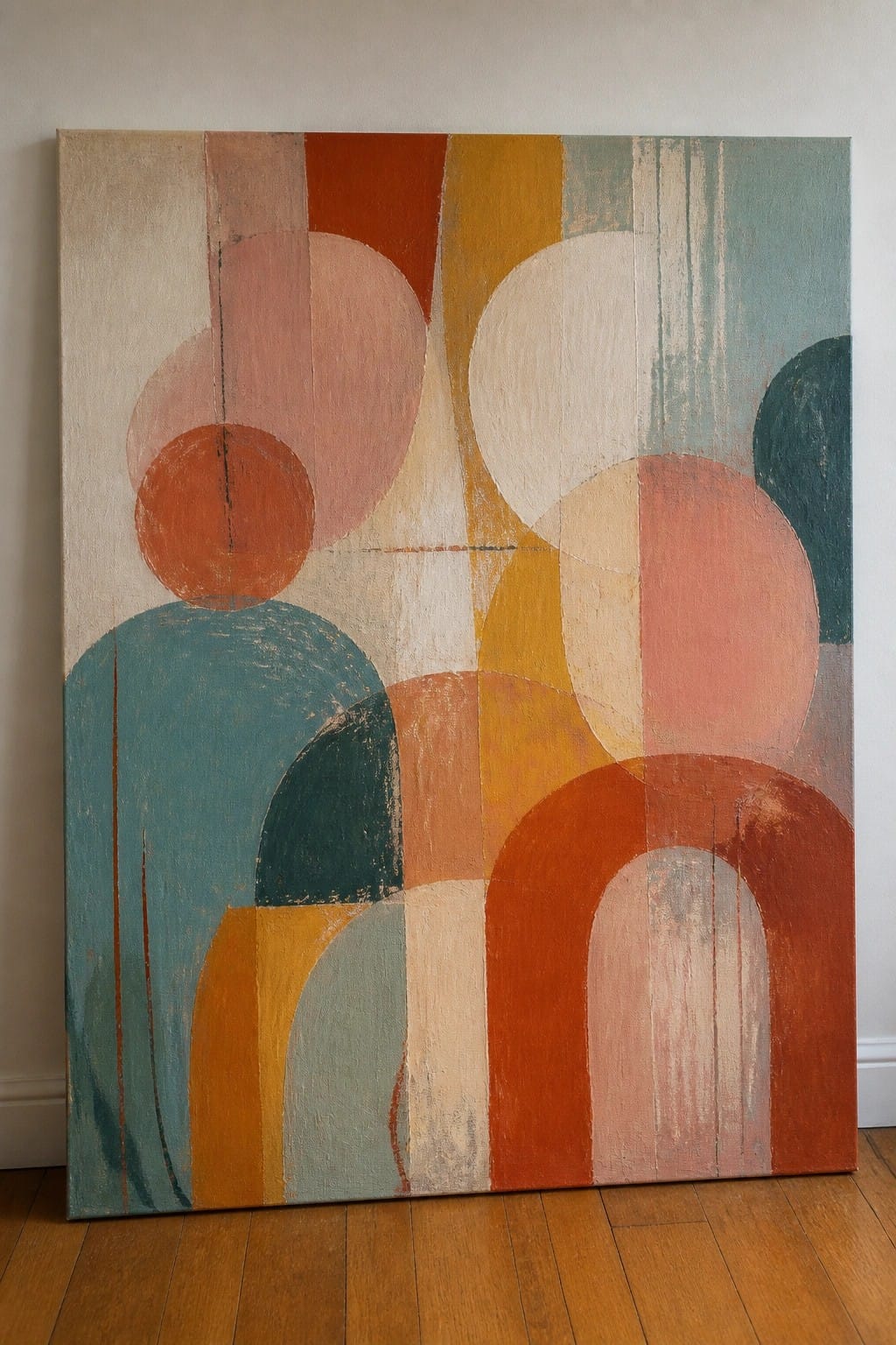 Abstract painting with overlapping circles, arches, and rectangles in teal, orange, and yellow