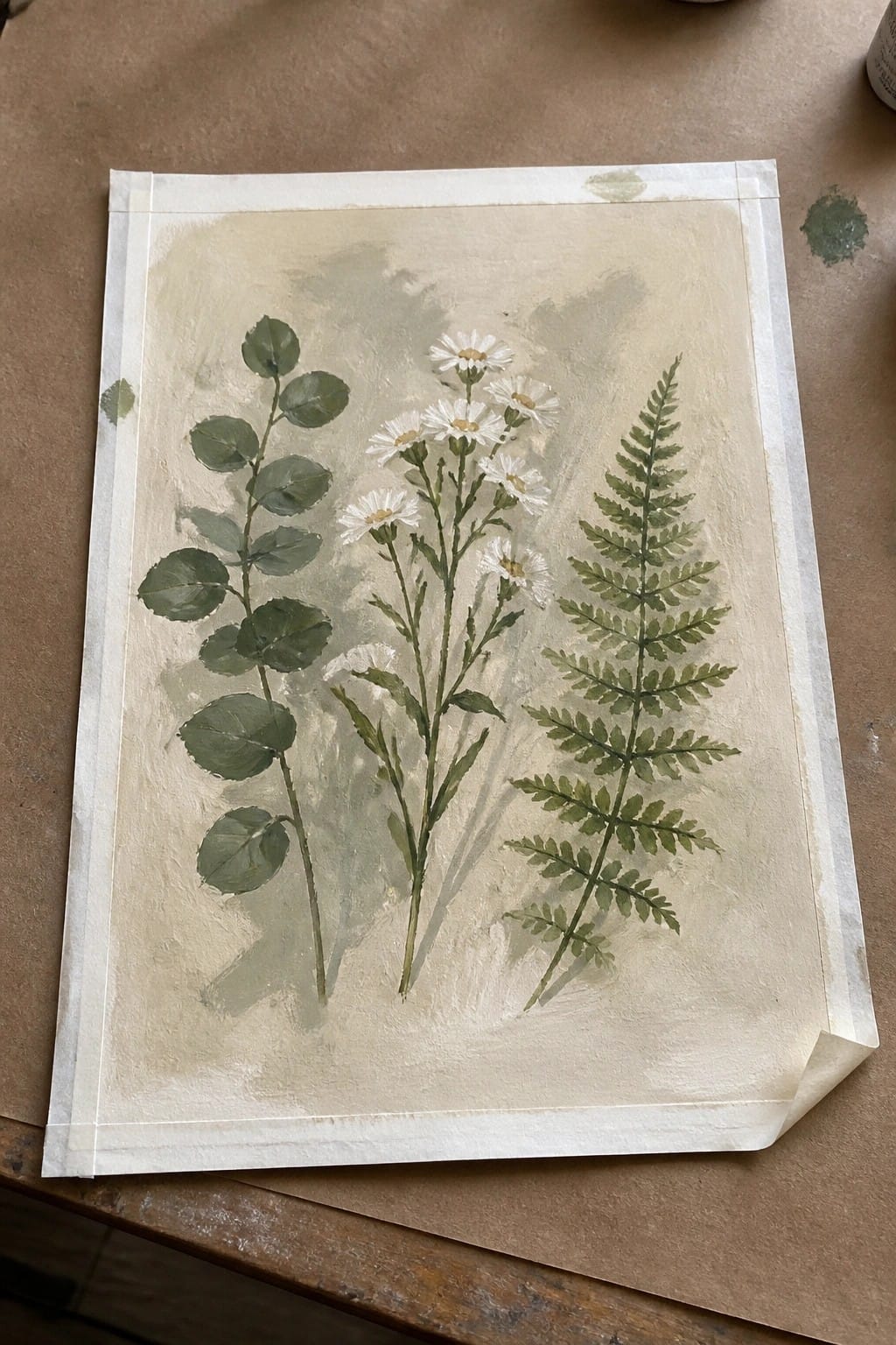 Watercolor painting of green leaves, white daisies, and fern on taped paper