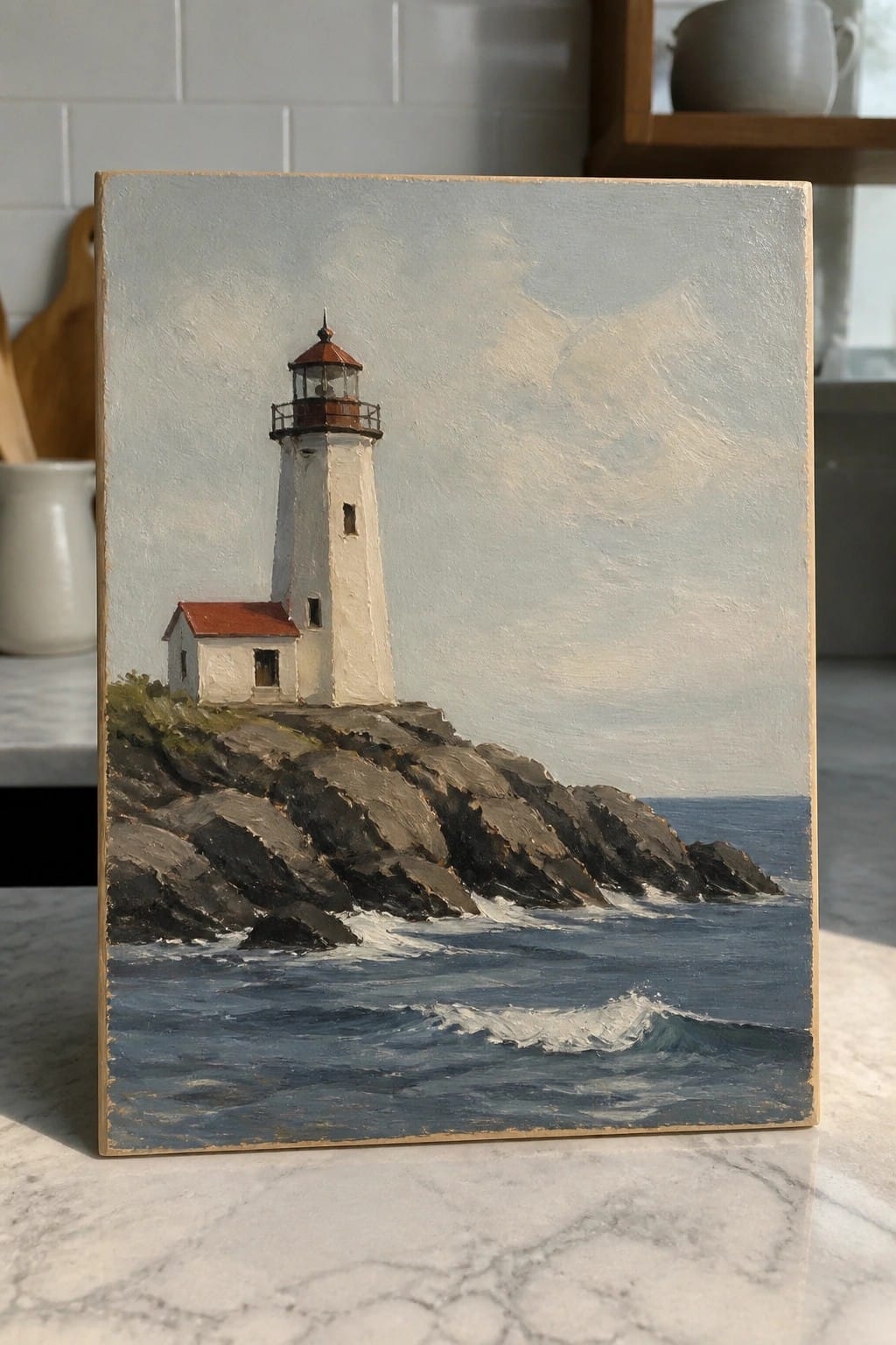 Oil painting of white lighthouse on rocky cliff by blue ocean with crashing waves