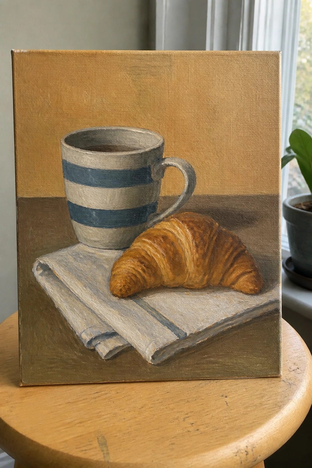Still life painting of striped mug beside croissant on napkin over brown surface.