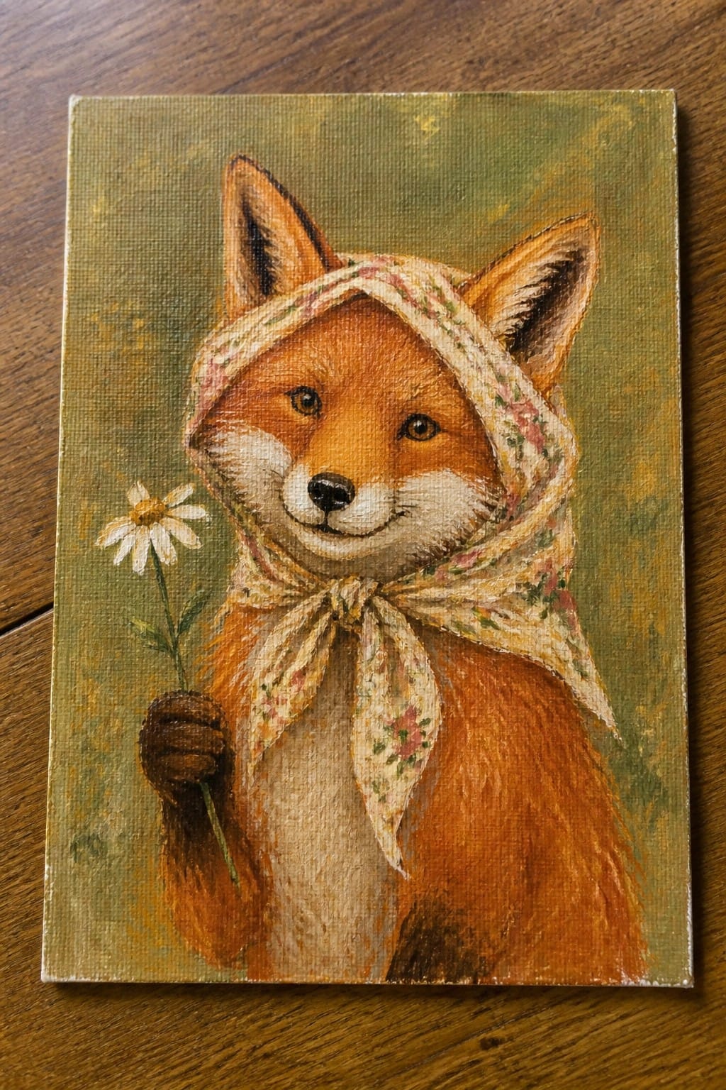 Orange fox in floral headscarf holds white daisy on textured green canvas.