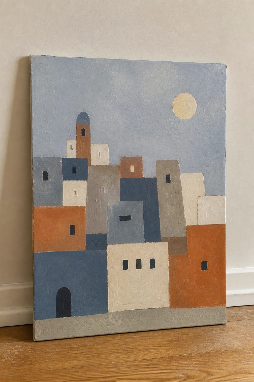 Abstract geometric painting of blocky buildings in blues and earth tones under pale sky with sun