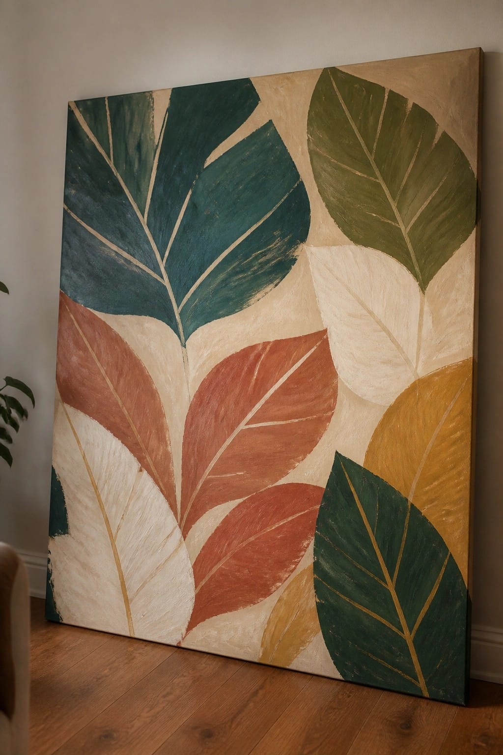 Large abstract painting of overlapping leaves in earthy green, orange, and yellow tones