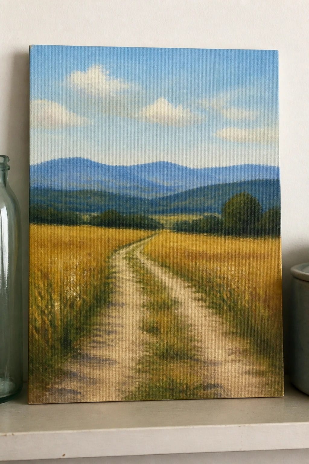 An oil painting of a dirt path running through a golden field toward blue mountains under a blue sky with white clouds, shown on a shelf next to a glass bottle.