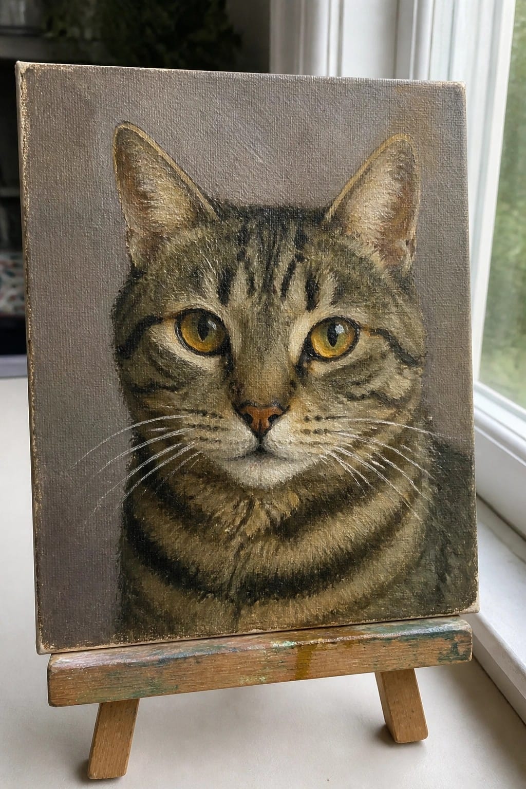 Tabby cat portrait painting on canvas atop a wooden easel by window