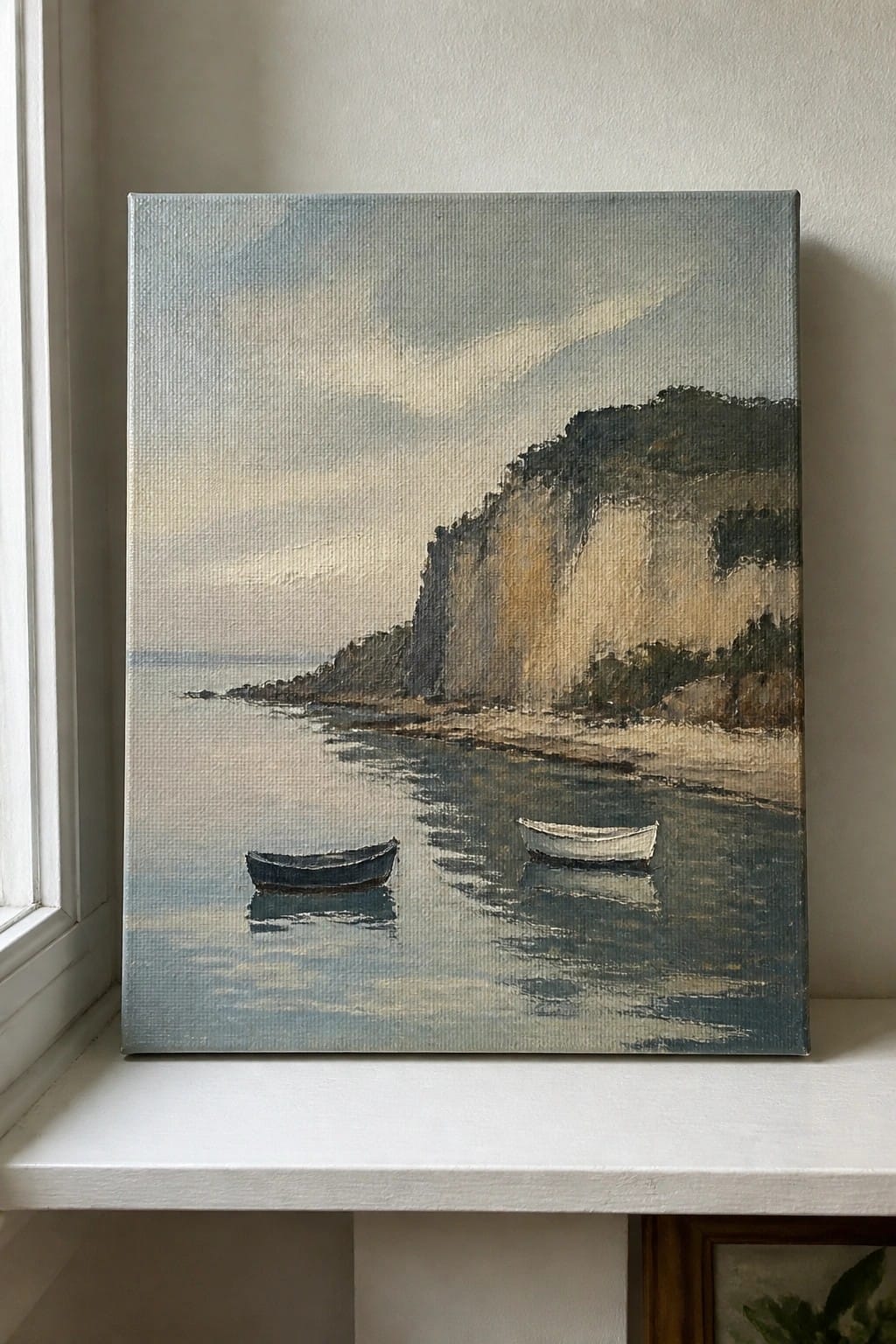 Oil painting of two boats near cliffs on a calm, cloudy sea.
