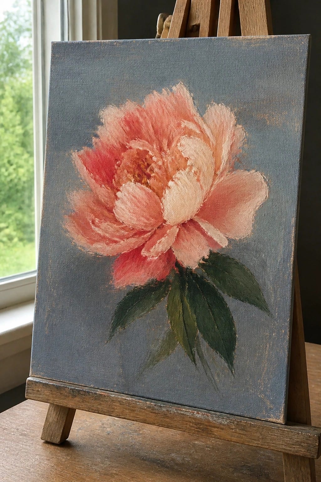 Impressionistic coral peony painting with green leaves on blue-gray canvas on easel