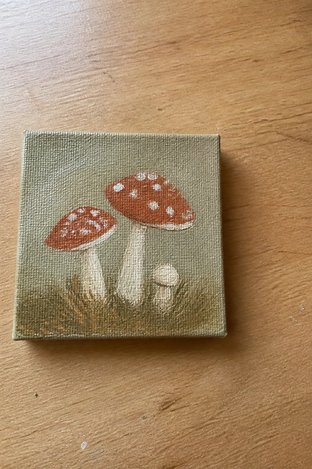 Small square canvas with three mushrooms, red spotted caps on green background