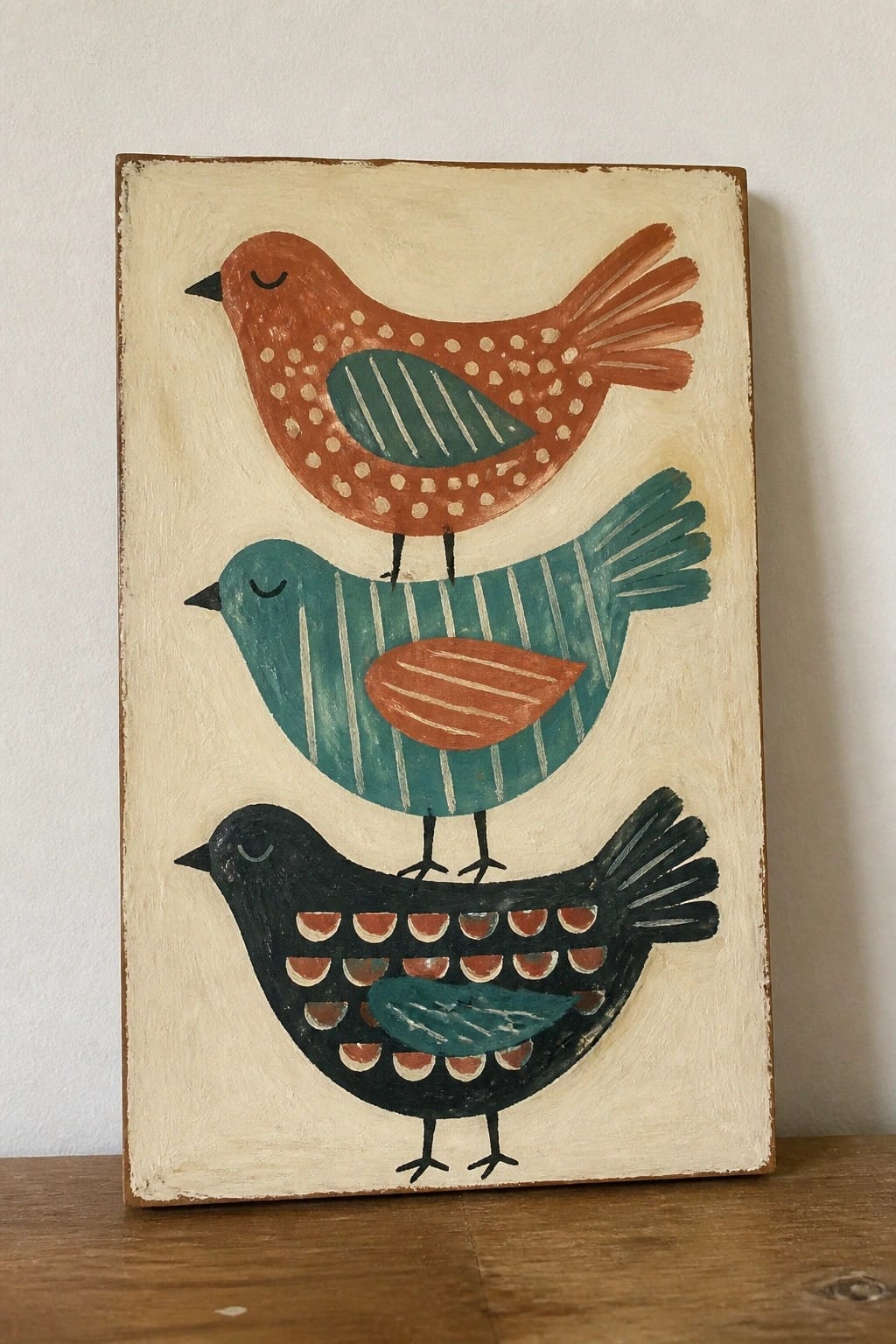 Three stylized birds in orange, teal, and black stacked vertically on a cream background.
