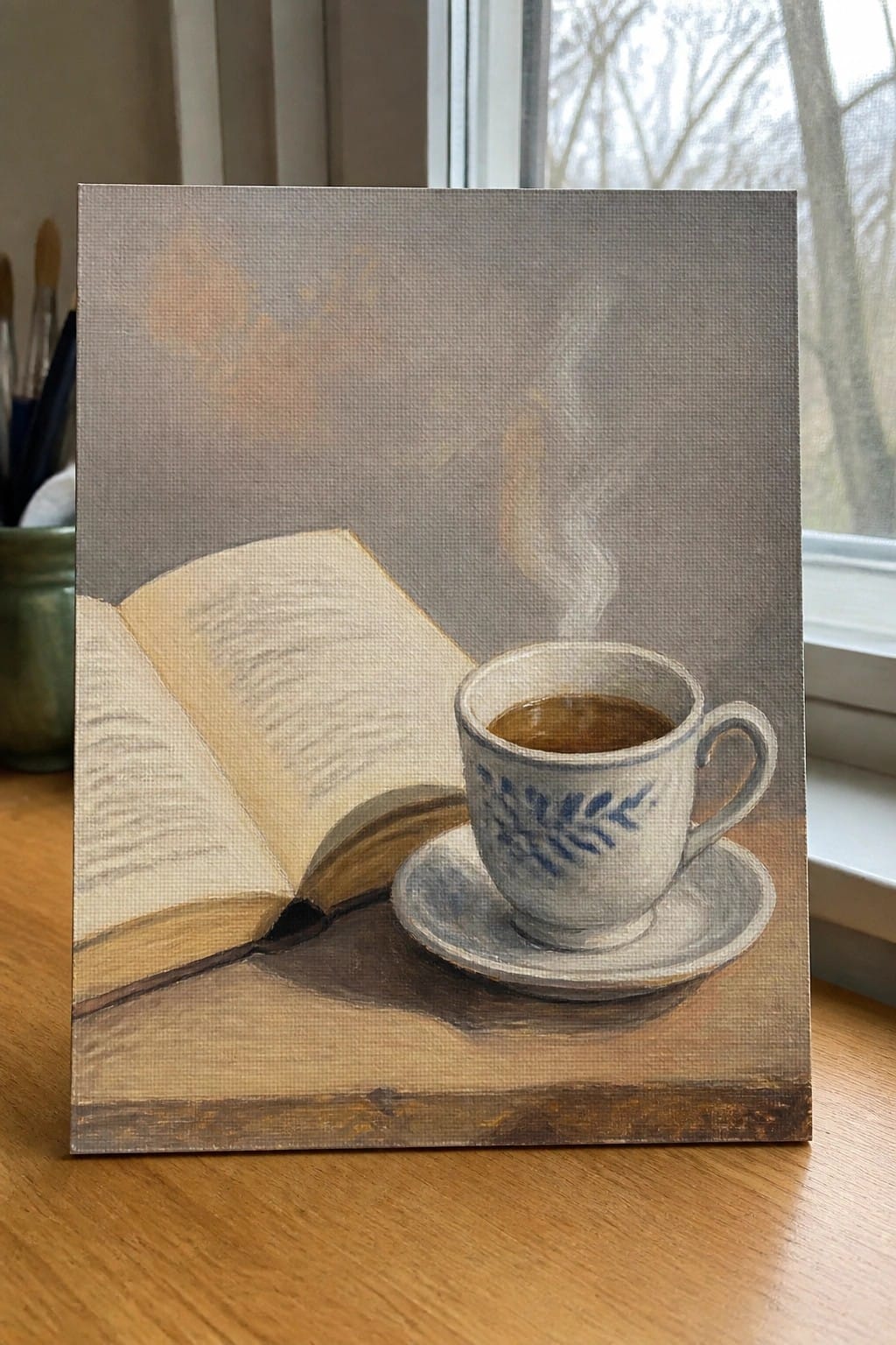 Open book beside steaming blue-patterned coffee cup on wooden table by window.