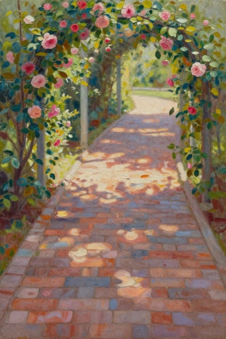 Sunlit brick path under rose-covered archway with dappled light patterns on ground