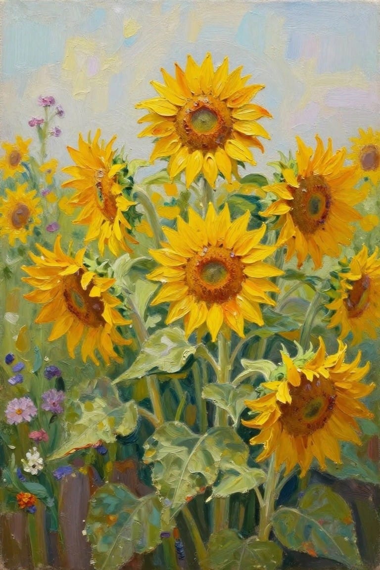 Vibrant yellow sunflowers with green leaves in an impressionistic oil painting