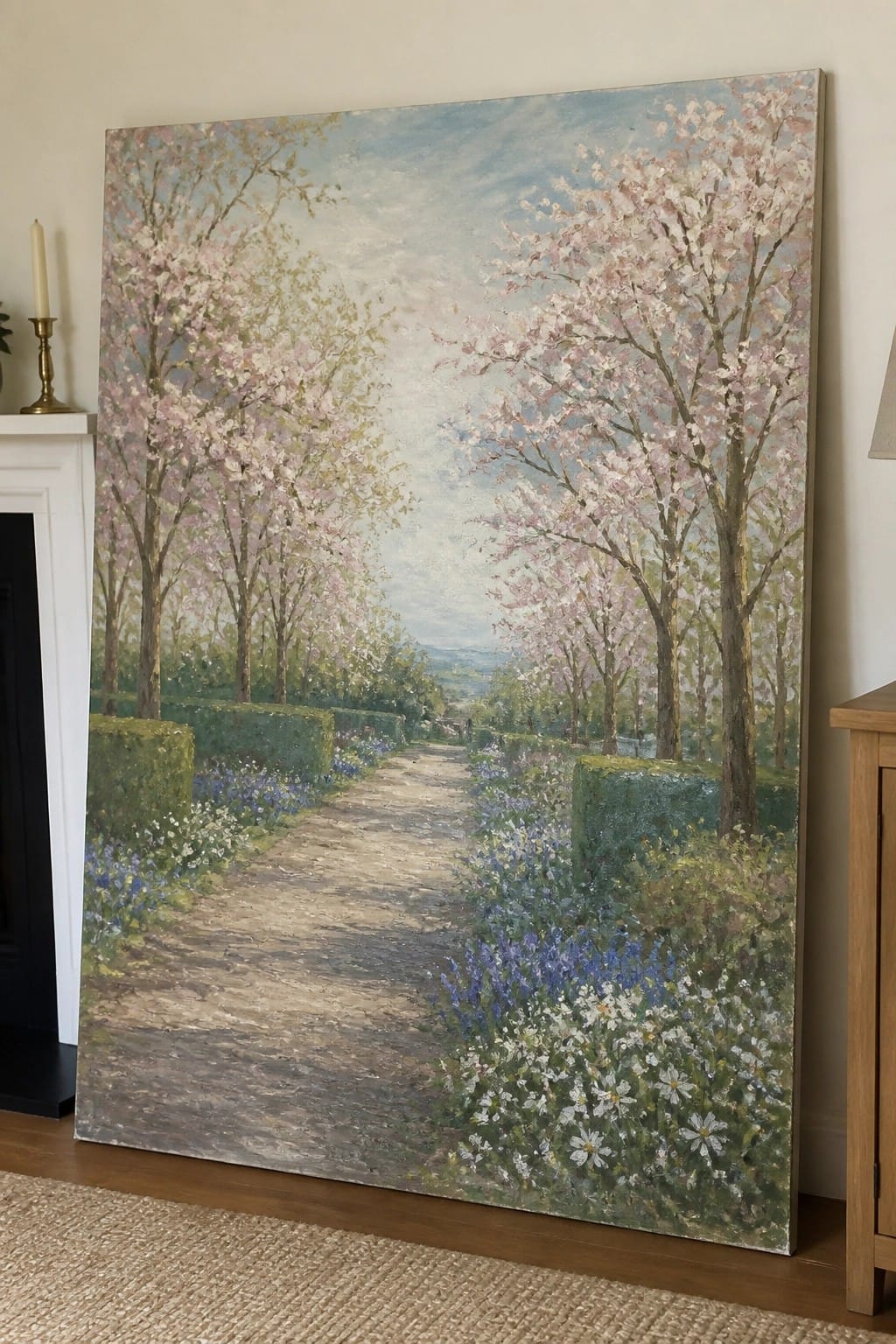 Large painting of cherry blossom path with pink trees and wildflowers in room setting