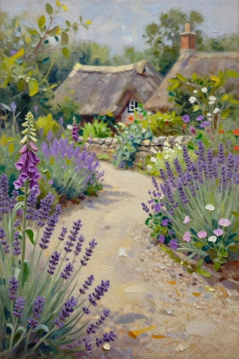 An oil painting of a dirt path lined with purple lavender and pink foxgloves leading toward a thatched cottage surrounded by greenery and flowers.