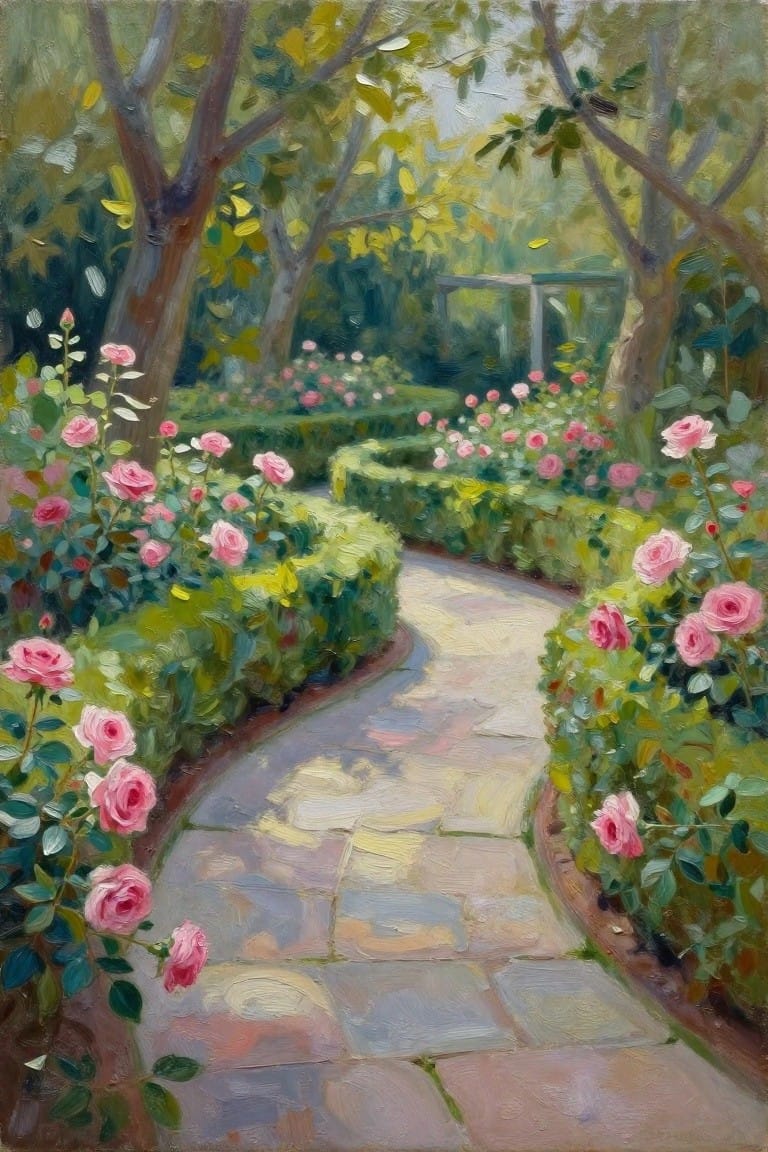 Winding stone path through blooming pink rose bushes in a lush garden.