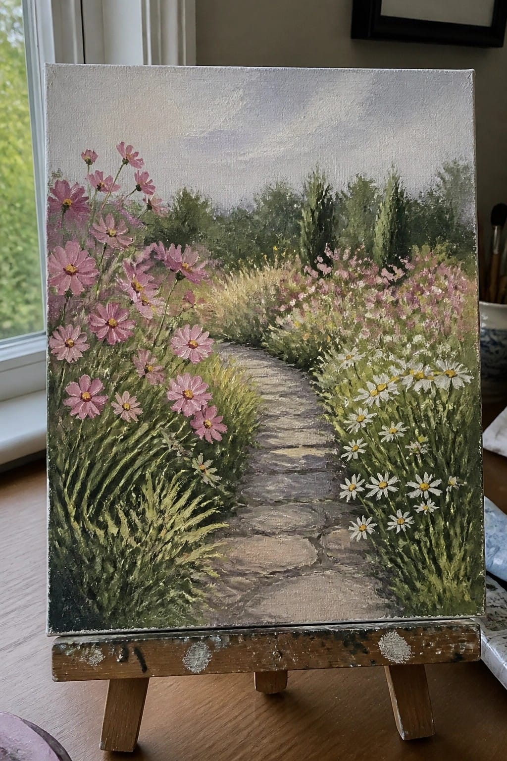 Painting on easel of winding stone path lined with pink cosmos and white daisies