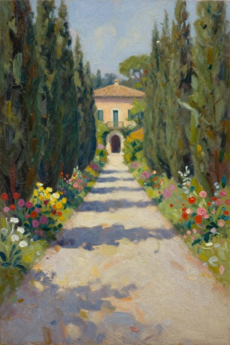 Sunlit path lined with colorful flowers and cypress trees leads to a villa.