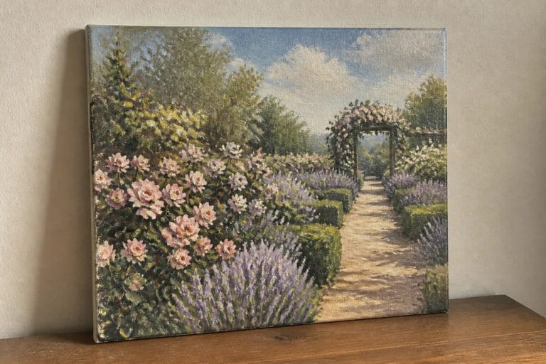 22 Elegant Garden Landscape Oil Paintings That Showcase Paths, Layers, and Blooms Oil painting of a winding garden path lined with pink roses and purple lavender