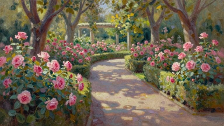 Winding stone path through blooming pink rose bushes in a lush garden.