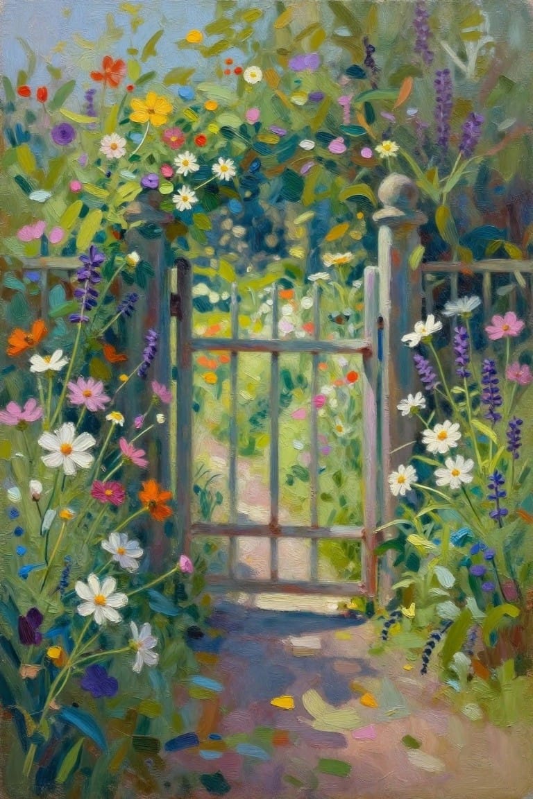 Open wooden gate amid vibrant wildflowers along a garden path.