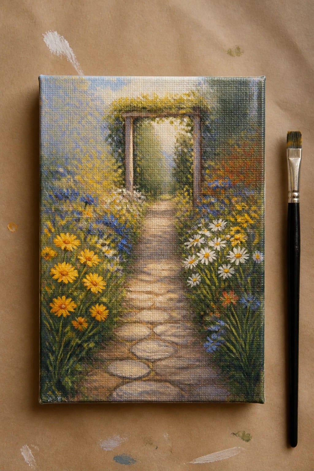 Canvas painting of stone path through wildflower garden with arch beside paintbrush