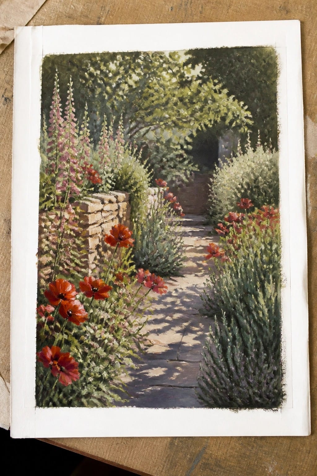 A realistic oil painting of a stone garden path lined with red poppies, pink foxgloves, and green shrubs, leading into a wooded area.