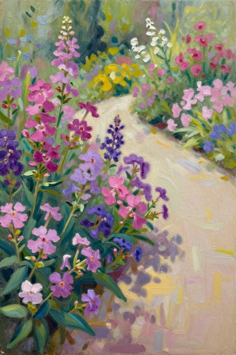 Lush garden path lined with blooming pink, purple, and yellow flowers in oil painting