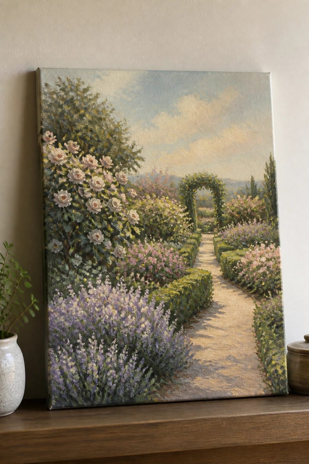 Oil painting of a winding garden path lined with pink roses and purple lavender