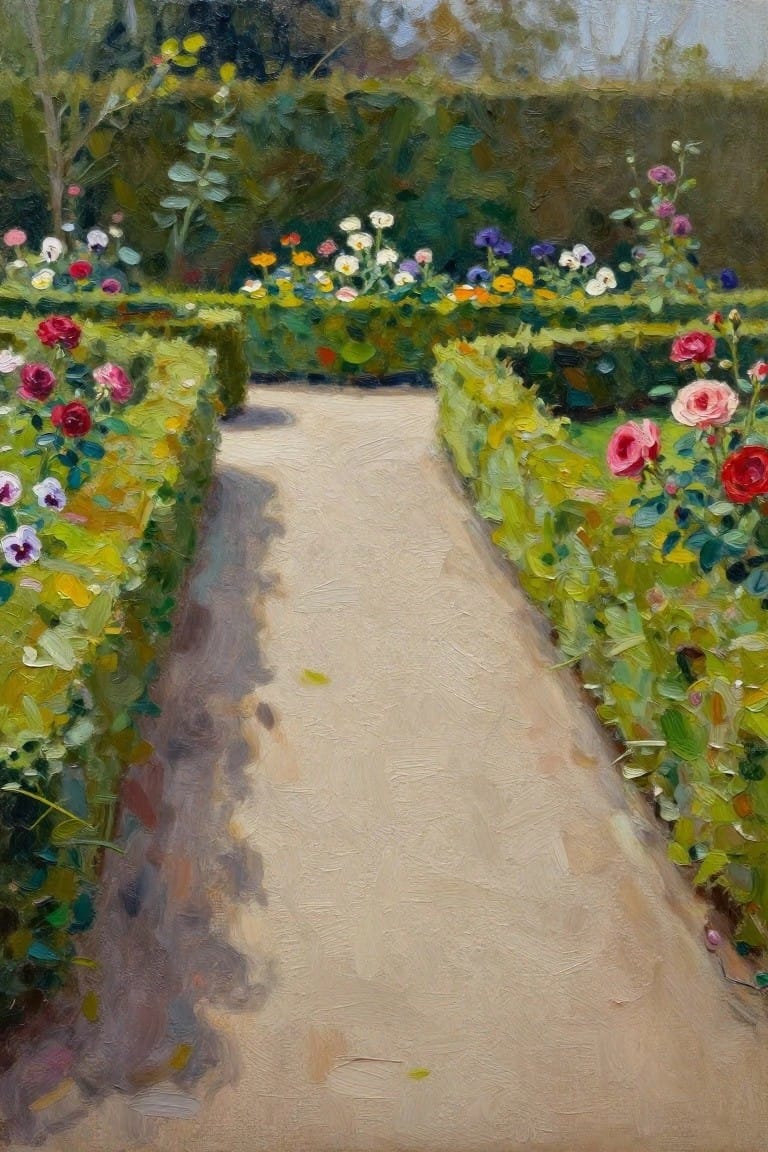 Oil painting of sunlit garden path lined with blooming rose hedges and flowers