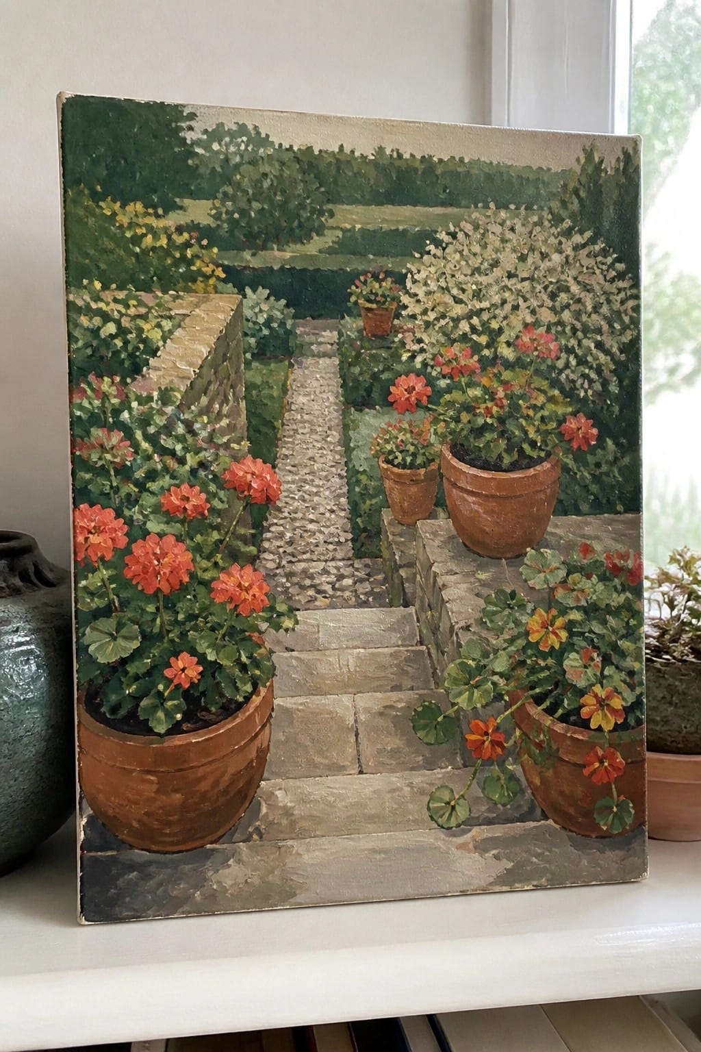 Garden painting with red flowers in terracotta pots on stone steps and path.
